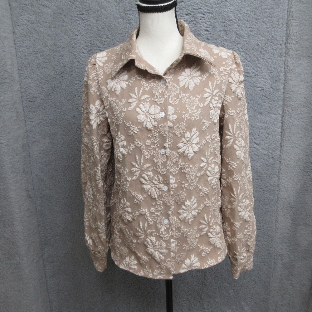 Floral Textured Blouse Women S Beige Button Up Burnout Boho Romantic Cottagecore
